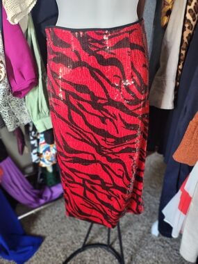 New York & Company Red and Black Sequin Zebra Midi Skirt